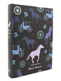 Cover of "Black Beauty" by Anna Sewell, featuring horses and carriages in a playful design.