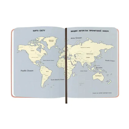 Open notebook with world map for book lovers club lovers club reading Journal