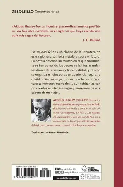 Back cover of Aldous Huxley’s Un Mundo Feliz Spanish edition by Penguin