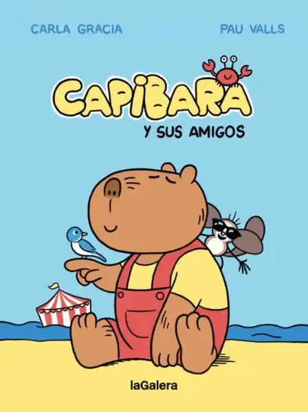Cute illustrated comic capibara y sus amigos on beach