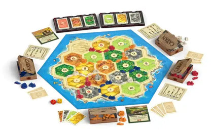 Catan strategy board game hexagonal island map with colorful tiles