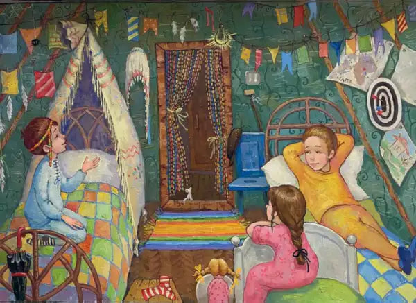 Children in a whimsical bedroom with Astrid Lindgren Ukrainian hardcover books