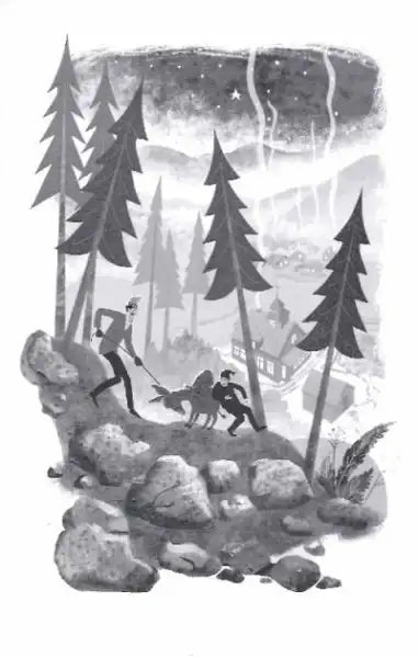 Christmas tale of Donkey Khvostyk by Oleksandr Havrosh showing figures and donkey in pine forest