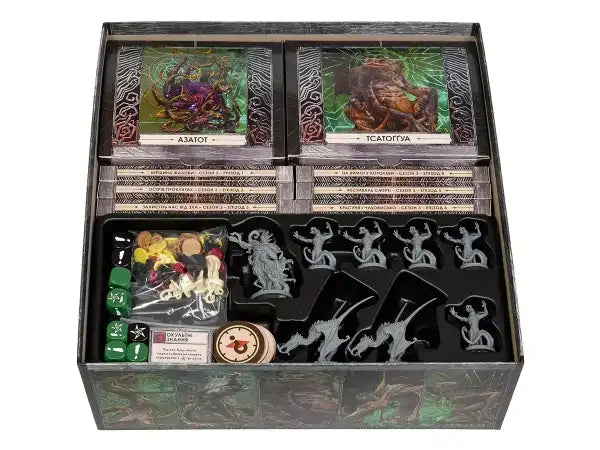 Cthulhu: Death May Die Fear of the Unknown board game components with Azathoth and Tsathoggua decks