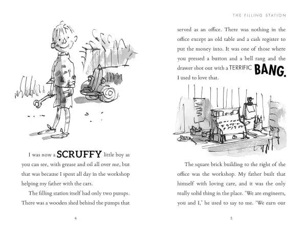 Roald Dahl Quentin Blake illustrated book scene of wooden shed with oil pumps