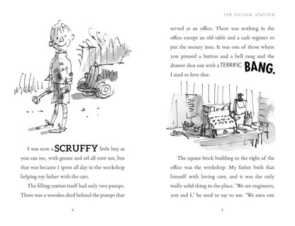 Roald Dahl Quentin Blake illustrated book scene of wooden shed with oil pumps