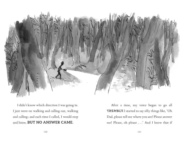 Black and white Roald Dahl Quentin Blake forest illustration from books