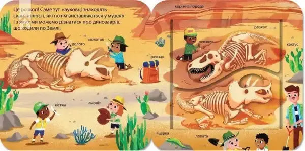 Colorful dinosaur skeletons page from Dinosaurs Look and Find board book