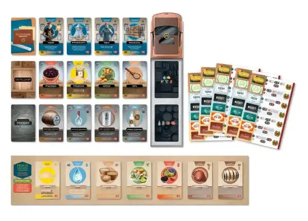 Distilled: The Secrets of Spirits strategy board game with light brown rectangular board and item illustrations