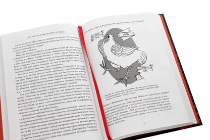 Open book with bird illustration.