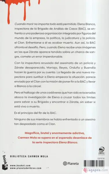 Book cover of El Clan by Carmen Mola with blood splatter and Inspector Elena Blanco