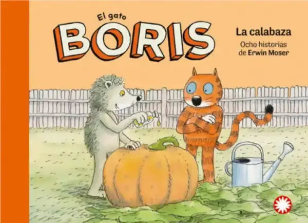 Orange pumpkin with green stem in El Gato Boris early readers garden by Erwin Moser