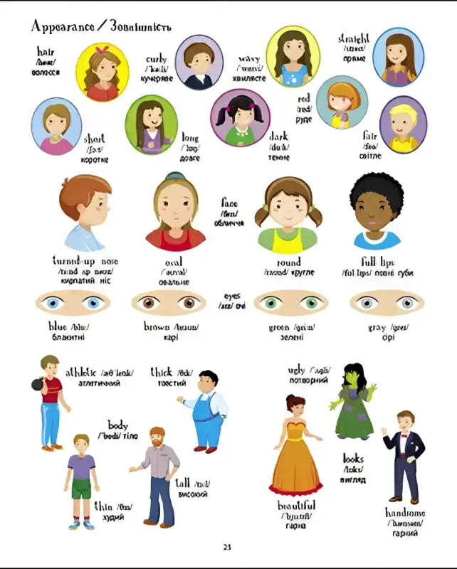 Vocabulary chart of physical appearance from English for Kids picture book for children aged