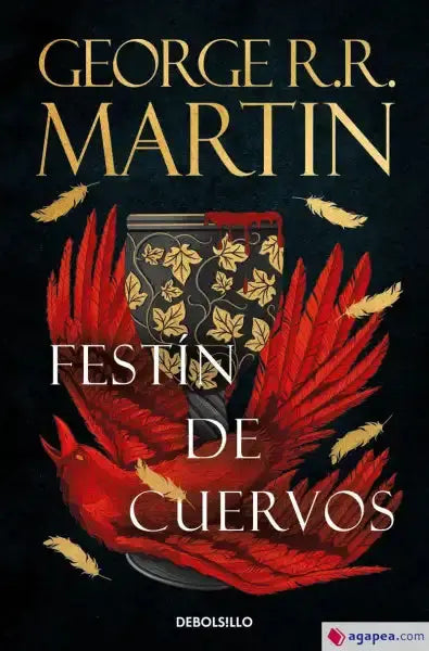 Red cardinal wine glass on Festín de Cuervos book by George R.R. Martin
