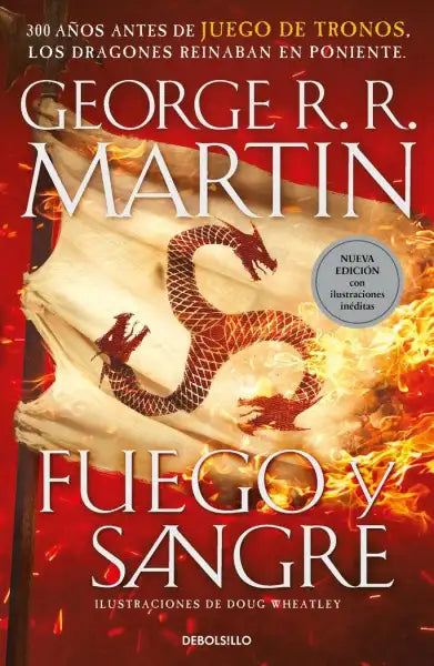 Fuego y Sangre Spanish edition book cover with fiery flames and black scales