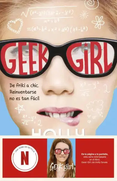 Black-framed geek girl glasses with bold red Harriet Manners lenses