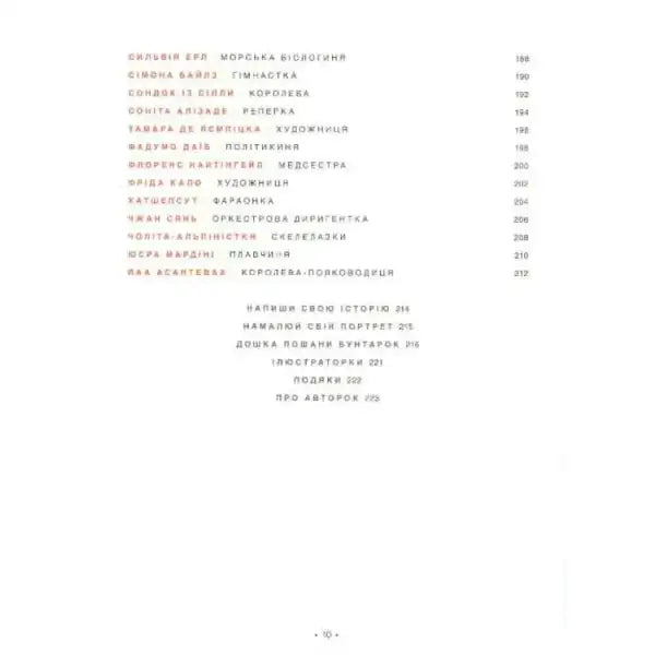 Table of contents page from Good Night Stories for Rebel Girls Ukrainian Hardcover Edition