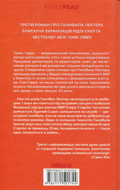 Book cover featuring Hannibal Lecter from Thomas Harris’s Hannibal Lecter series