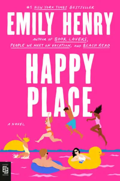 Vibrant pink Happy Place book by Emily Henry with cartoon swimming illustrations