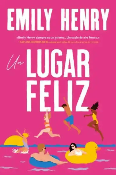 Vibrant pink Happy Place by Emily Henry cover with beach scene