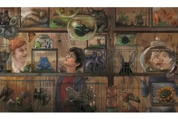 Two boys and magical creatures in a whimsical shop from Harry Potter Illustrated Edition by Jim Kay