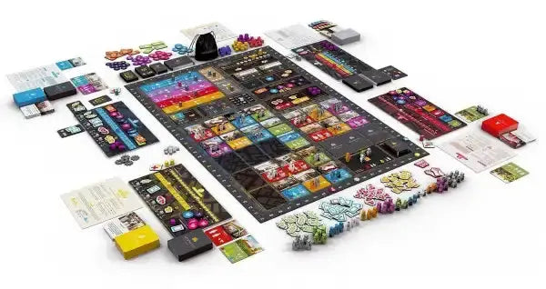 Hegemony strategy board game with vibrant multi-colored grid tiles and player pieces