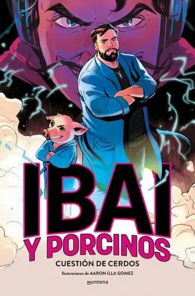 Ibai Llanos official comic cover: Ibai and pigs in blue with electric effects