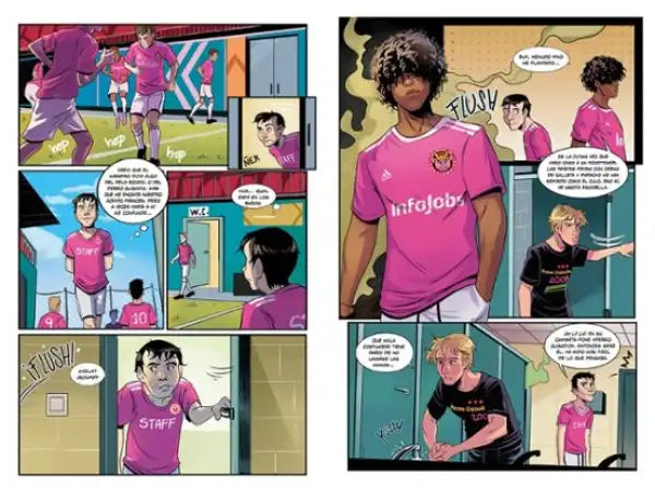 Pink adidas jersey with infojobs logo from Ibai y Porcinos official comic