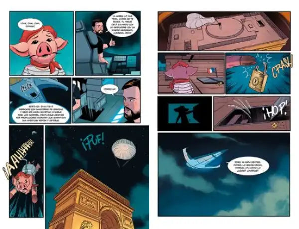 Pink ceramic piggy bank with red scarf and blue eyes from Ibai y Porcinos comic