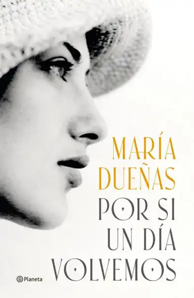 Vintage black and white profile of woman in hat, María Dueñas sweeping historical books