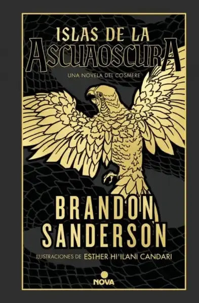 Golden parrot illustration on Brandon Sanderson 560-page hardcover book cover