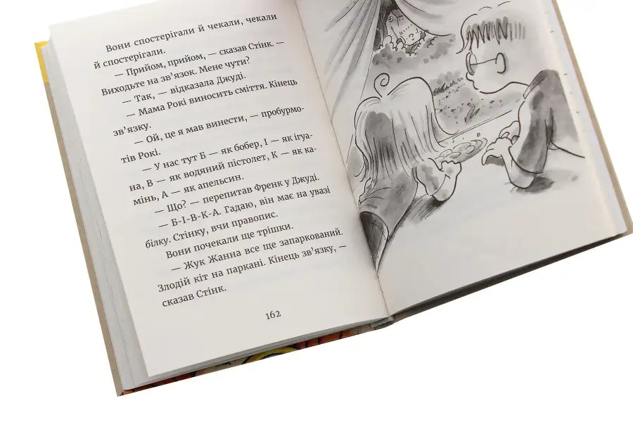 Open book with illustration.