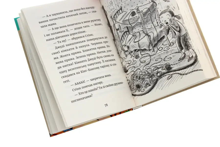 Open book with illustration.