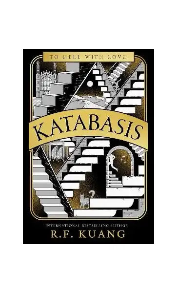 Fantasy novel with black and gold cover, labyrinth staircase, architectural details, books