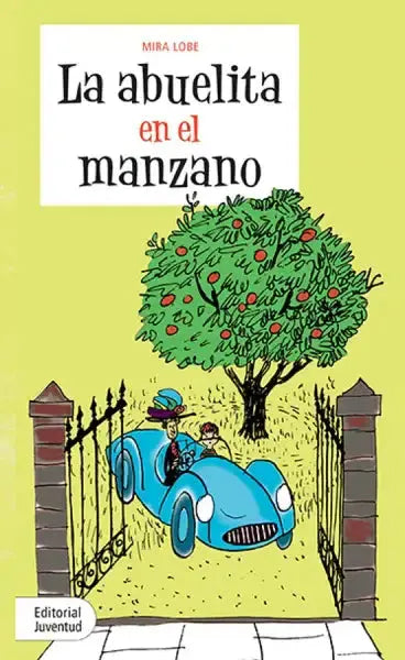 Cartoon blue vintage car with driver and passenger in La Abuelita en el Manzano book