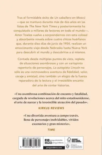 Back cover of La autopista Lincoln by Amor Towles, Spanish edition