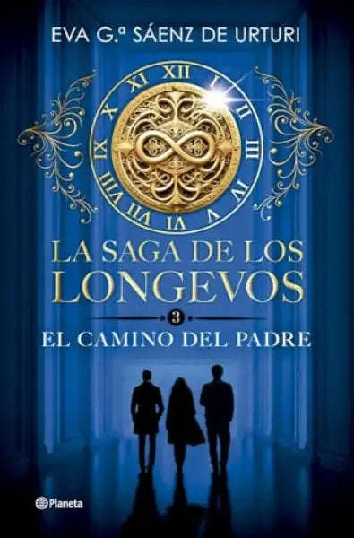 La Saga de los Longevos 3 book cover by Eva García Sáenz, blue gold clock silhouette figures