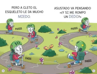 Green-helmeted kids on scooters in Monster School reader book scene