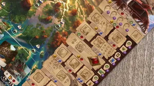 Lost Ruins of Arnak adventure board game with tokens on player boards