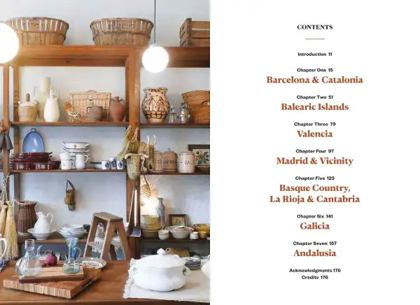 Rustic wooden shelf with Spanish ceramic pottery in earthy tones from Suzanne Wales book