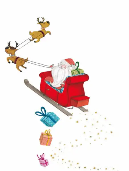 Santa Claus in his sleigh with reindeer dropping gifts and stars from magical Christmas stories
