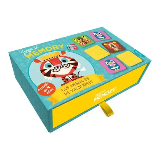 Colorful memory card game box with tiger and animal vacation cards