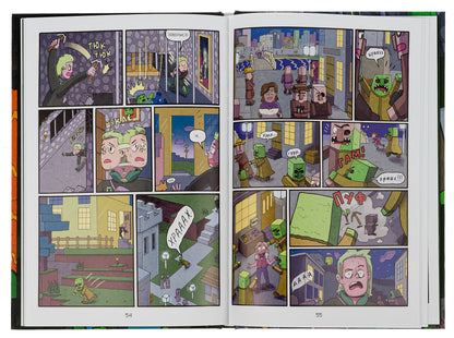 Open comic book from Minecraft Monster Hunters 2 official chapter book series containing monster hunters scenes