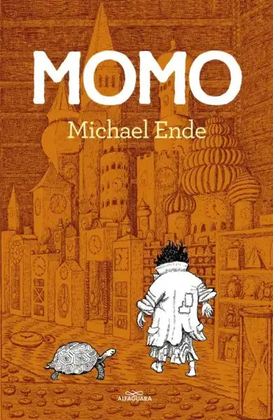 Momo book cover by Michael Ende: child in orange cityscape