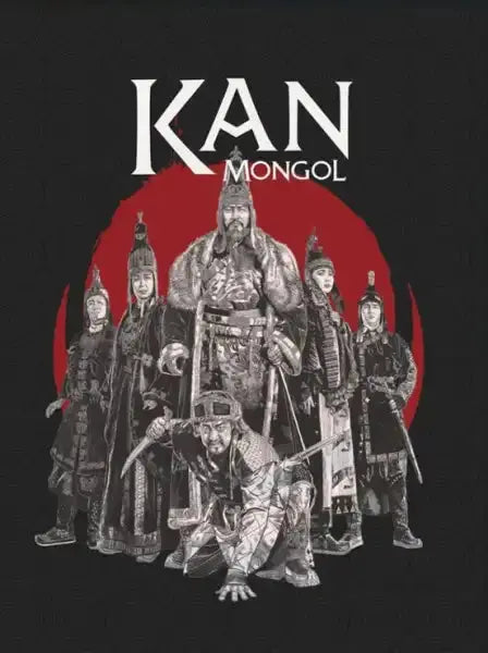 Black and white Kan Mongol poster with hero baatar in ornate armor