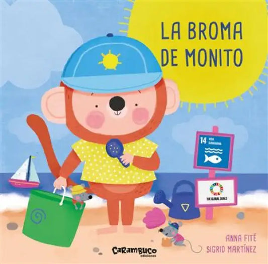 Blue and yellow caped monkey holding green sailboat bag from La Broma by Anna Fité early readers