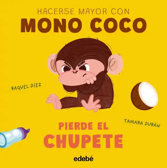 Mono Coco cartoon monkey with brown fur and pink cheeks on yellow background