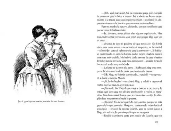Black-and-white illustration of three women in period attire holding book in Mujercitas commemorative hardcover