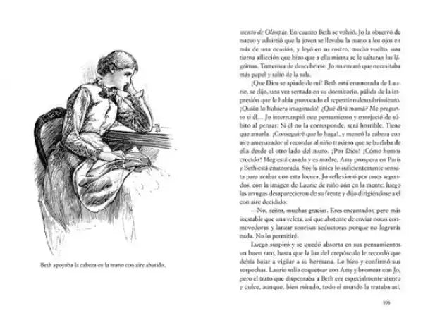 Black-and-white illustration from Elaine Showalter’s Mujercitas commemorative hardcover in Spanish translation
