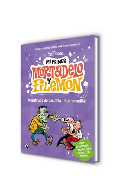 Purple Mortadelo y Filemón book cover with cartoon characters and playful design